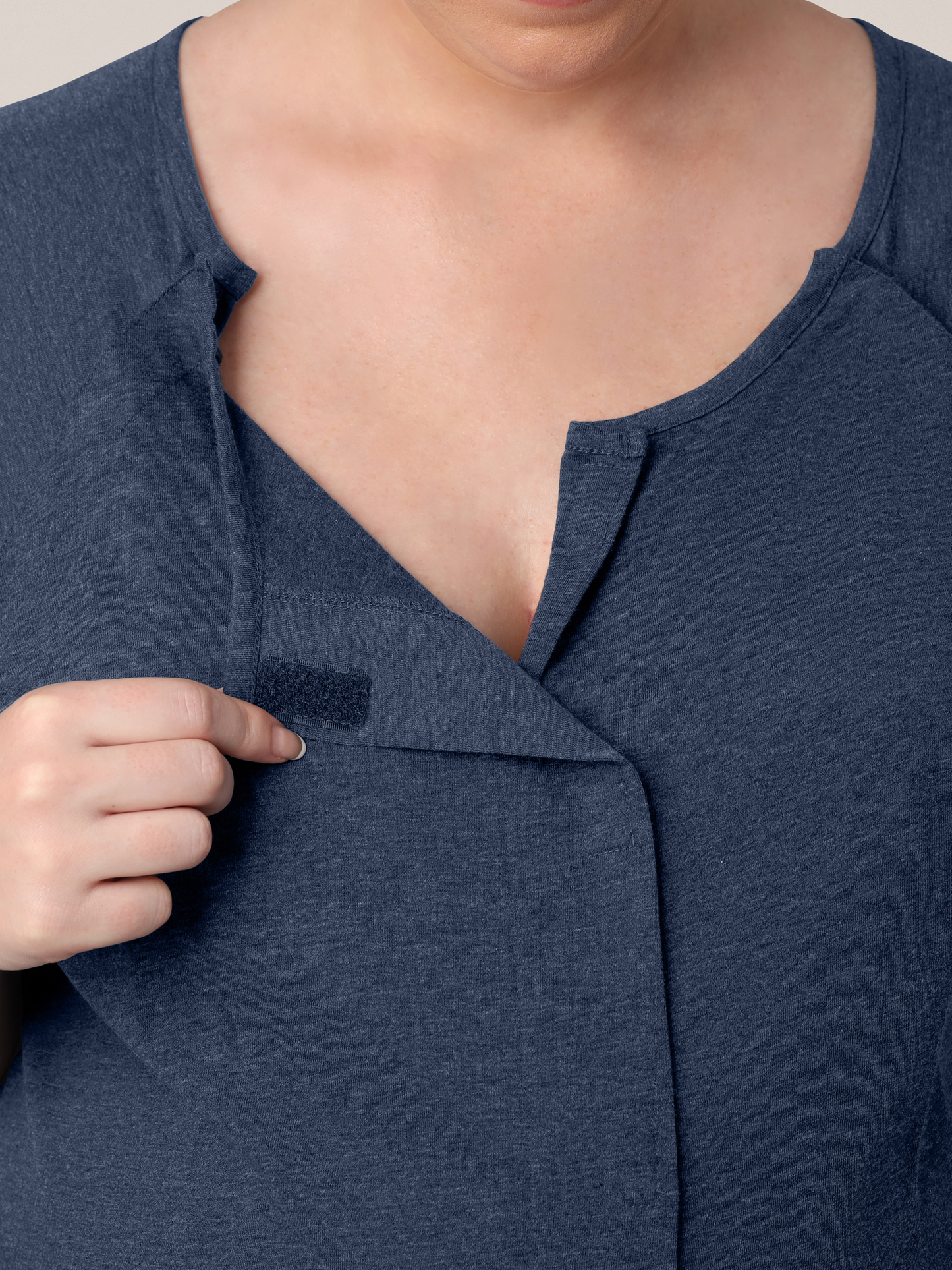Closeup of the soft velcro on the Universal Labor & Delivery Gown in Navy Heather