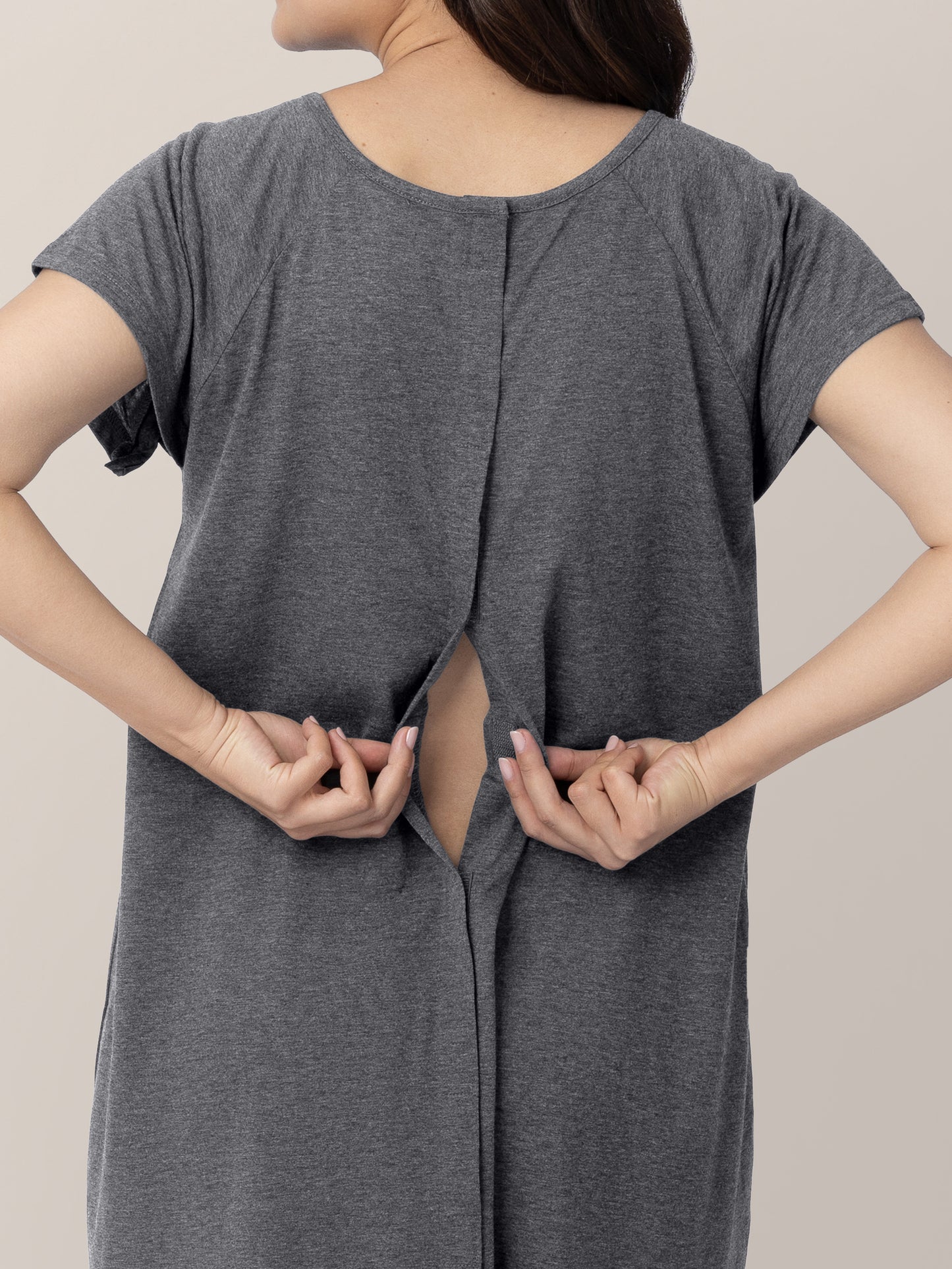 Closeup of the epidural access on the Universal Labor & Delivery Gown in Grey Heather
