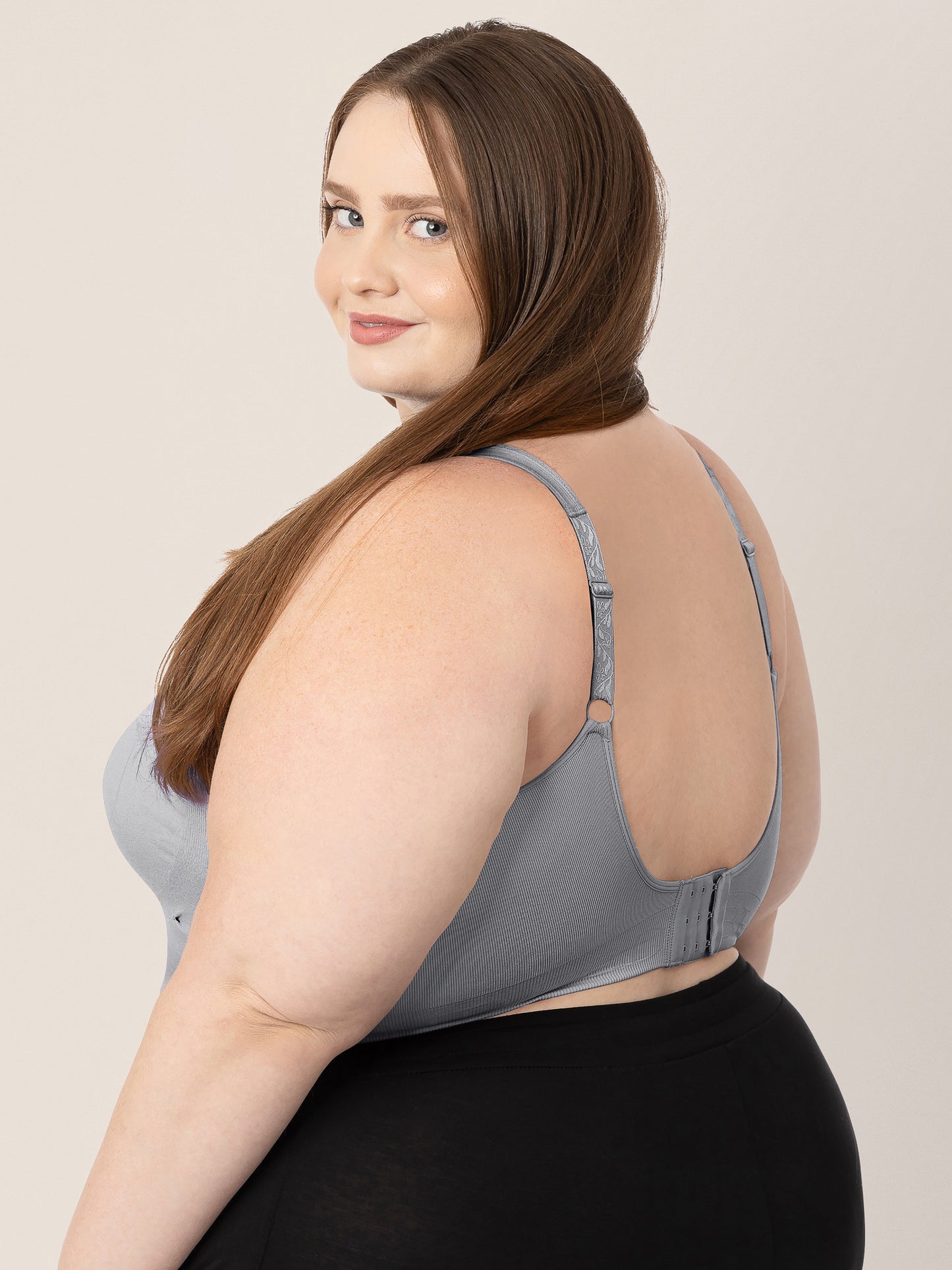 Back view of a model wearing the Simply Sublime® Nursing Bra in Grey