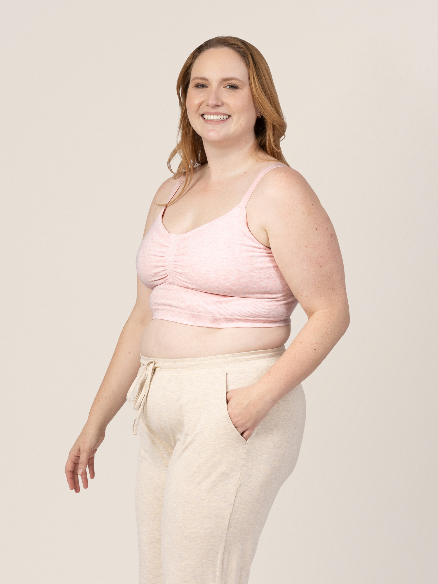 Model wearing the Sublime® Bamboo Hands-Free Pumping Lounge & Sleep Bra in Pink Heather