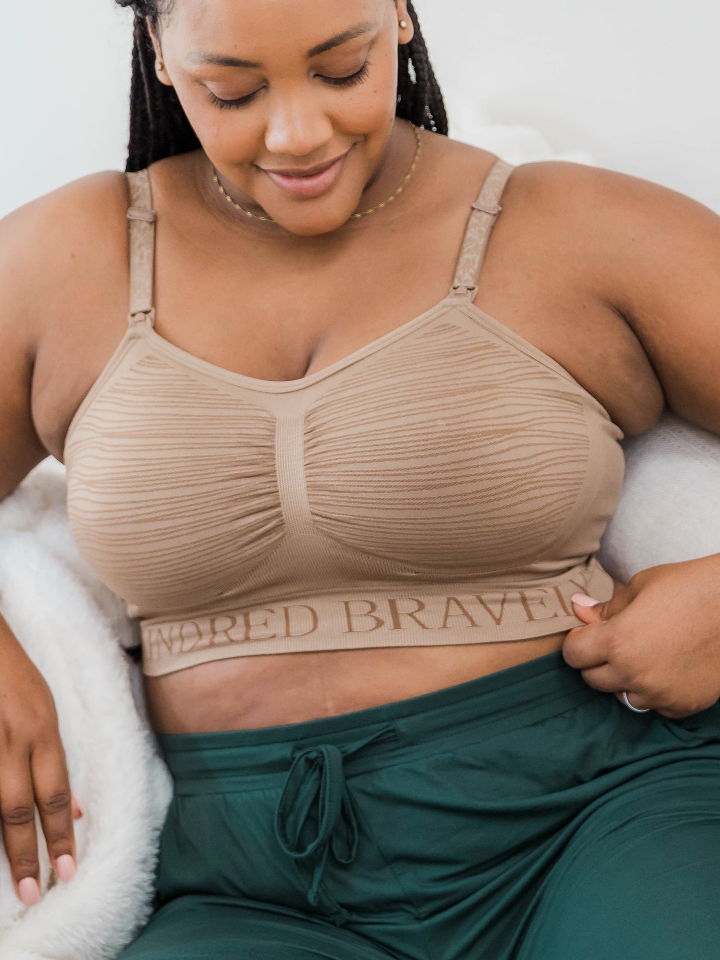 Model wearing the Sublime® Hands-Free Pumping & Nursing Bra in Latte