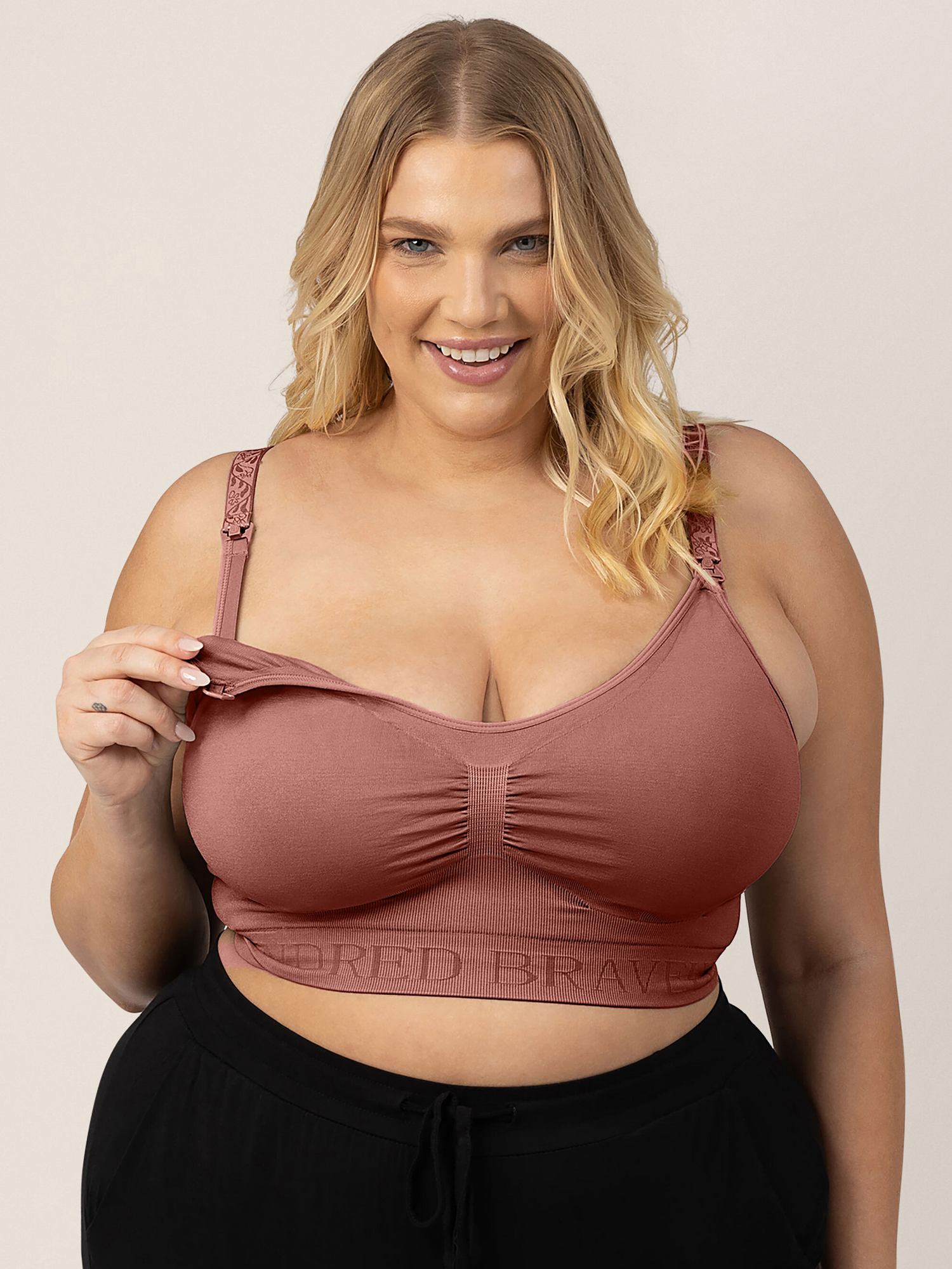 Closeup of a model wearing the Simply Sublime® Nursing Bra in Redwood showing the clip down nursing access.