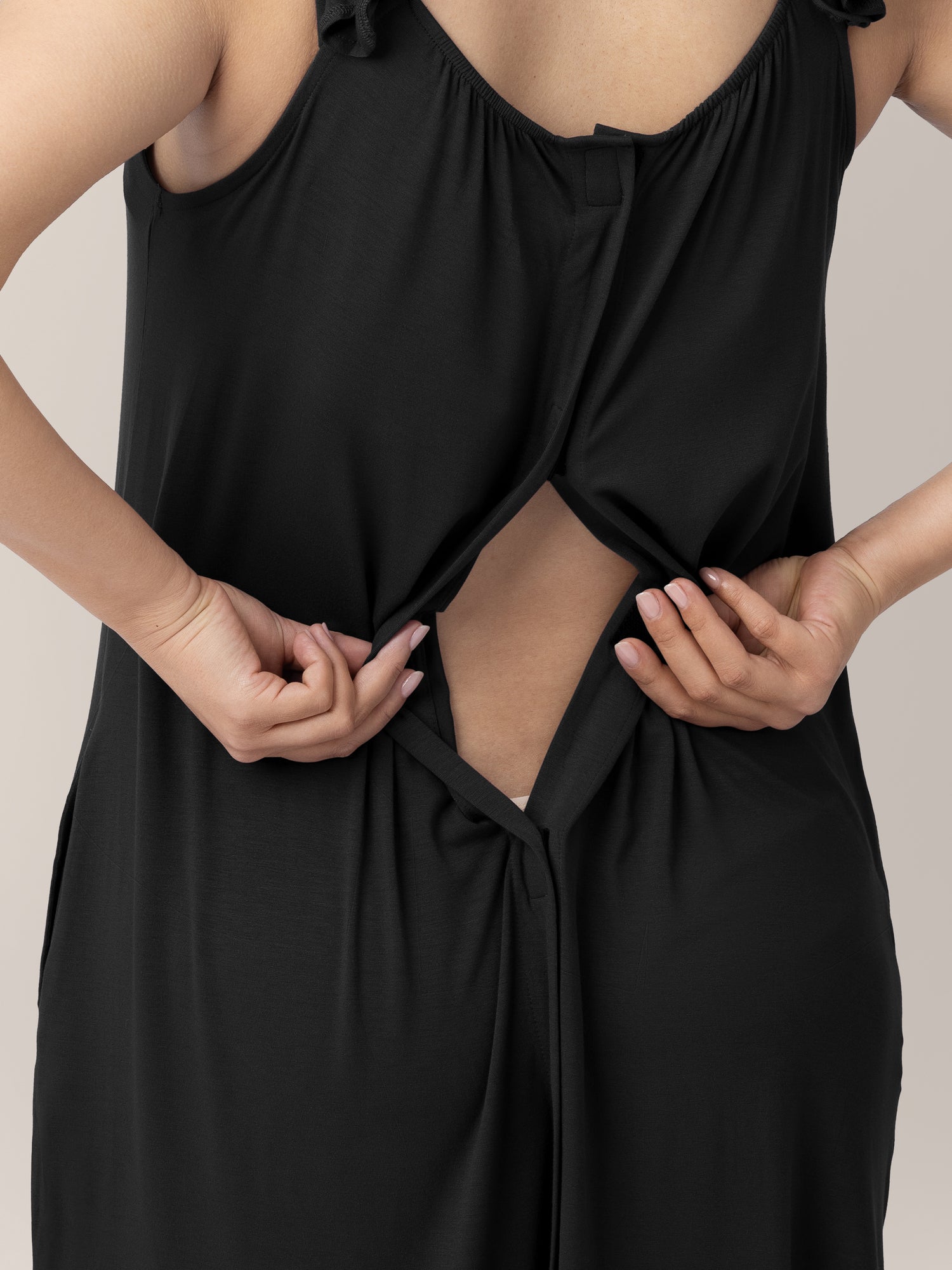 Closeup of the epidural access on the Ruffle Strap Labor & Delivery Gown in Black