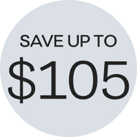 Savings badge white circle with black text stating, save up to $105