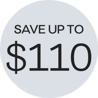 Savings badge white circle with black text stating, save up to $110