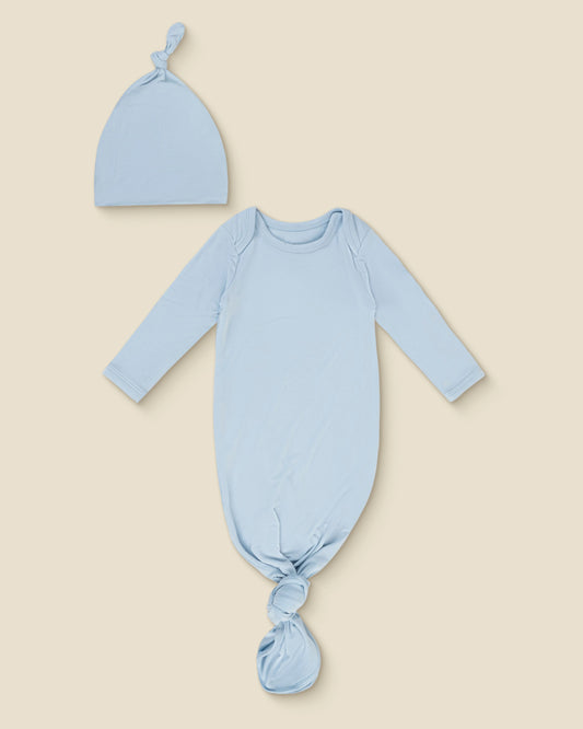 Bamboo Knotted Baby Gown in French Blue on a beige background