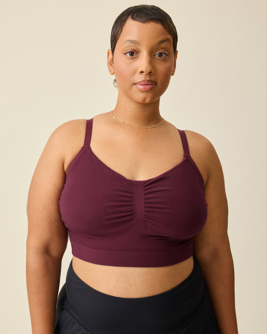 Woman wearing the Sublime® Bamboo Hands-Free Pumping Lounge & Sleep Bra in Deep Burgundy.@model_info:Brittany is wearing an X-Large.