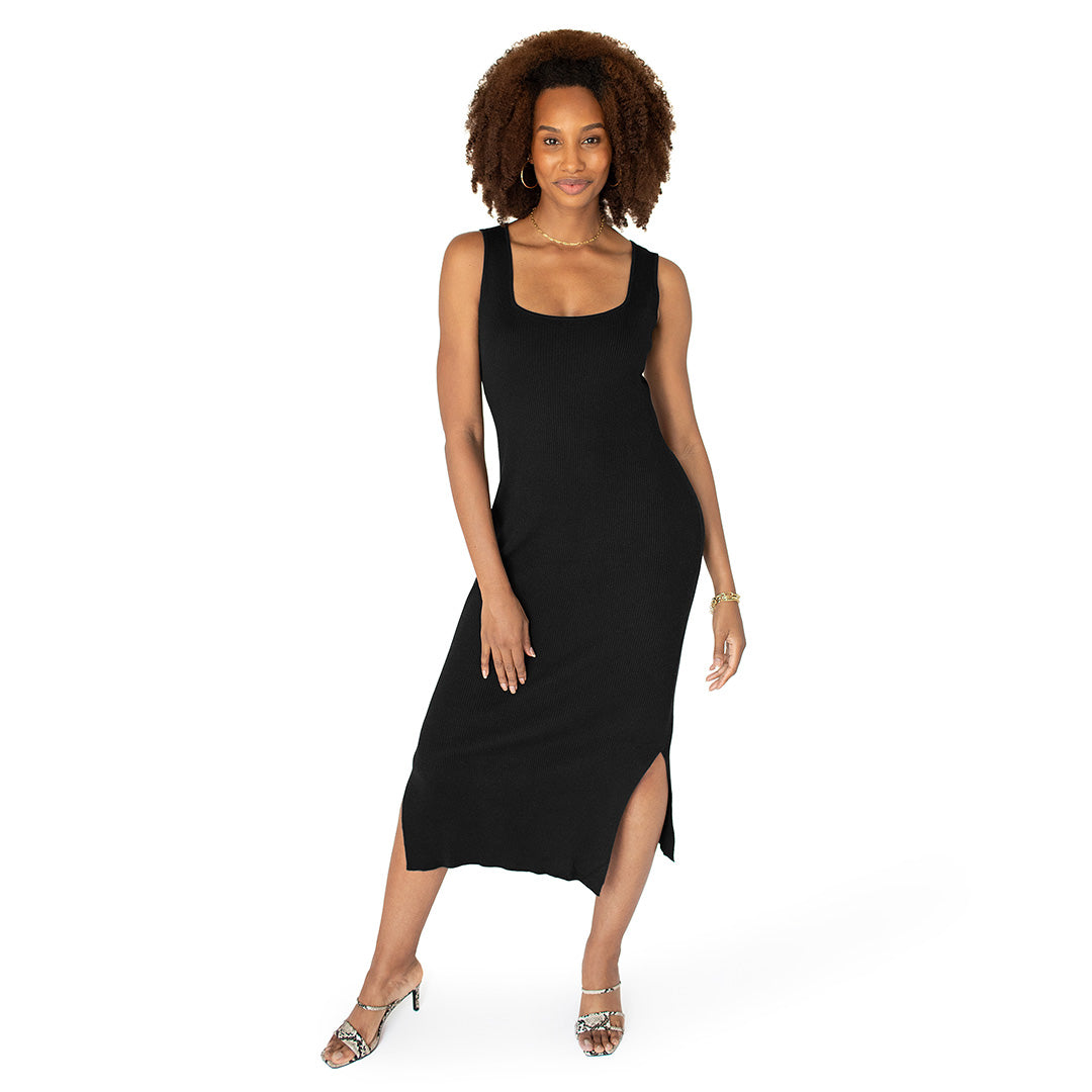 Model wearing the 2-in-1 Maternity & Nursing Midi Dress in Black