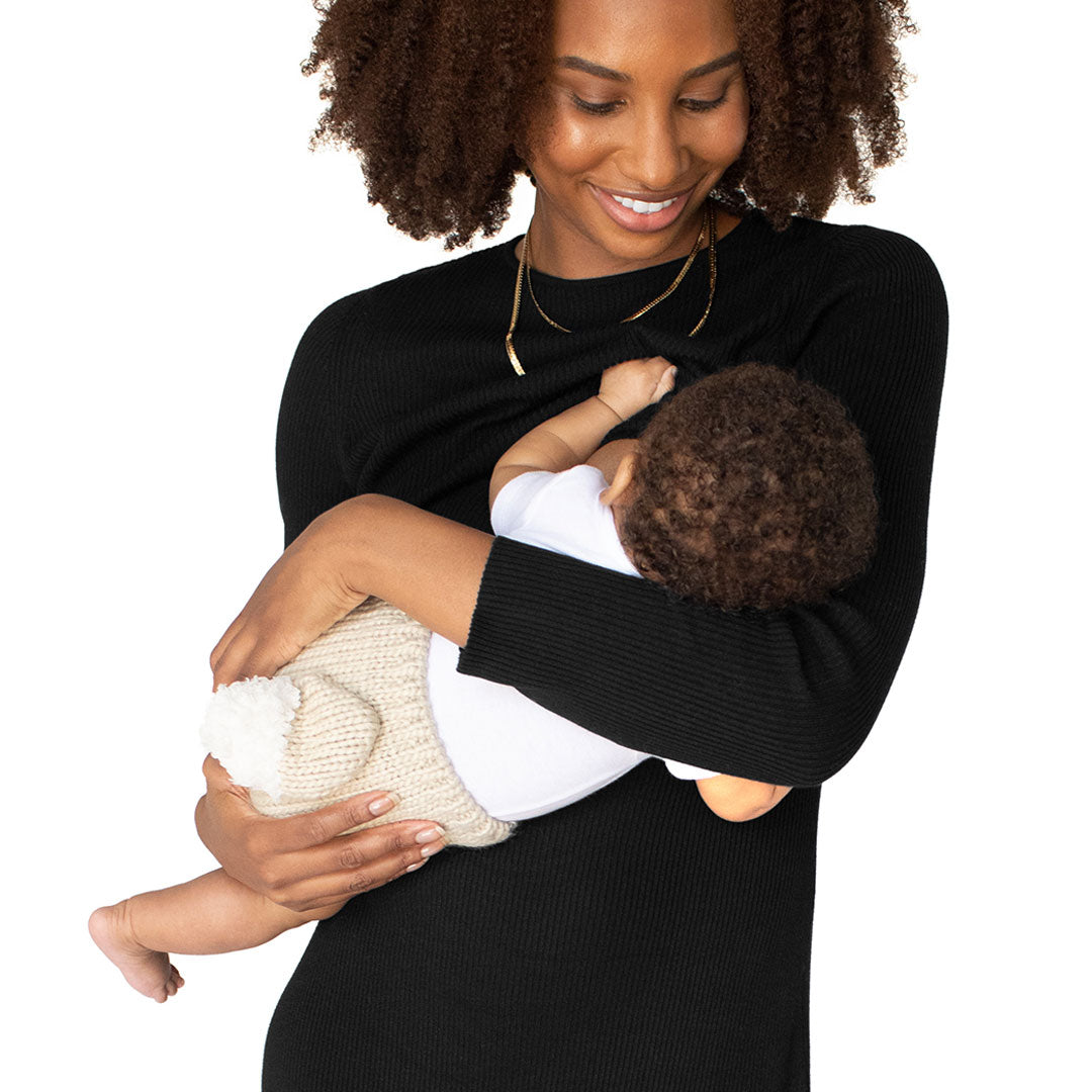 Closeup of a model breastfeeding her baby while wearing the 2-in-1 Maternity & Nursing Midi Dress in Black