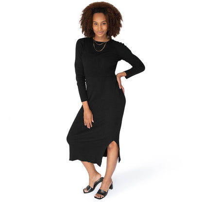 2-in-1 Nursing & Maternity Knit Midi Dress | Black-Bottoms & Dresses-Kindred Bravely @model_info:Elaina is 5'9" and is 3 months postpartum. She is wearing a  Small.