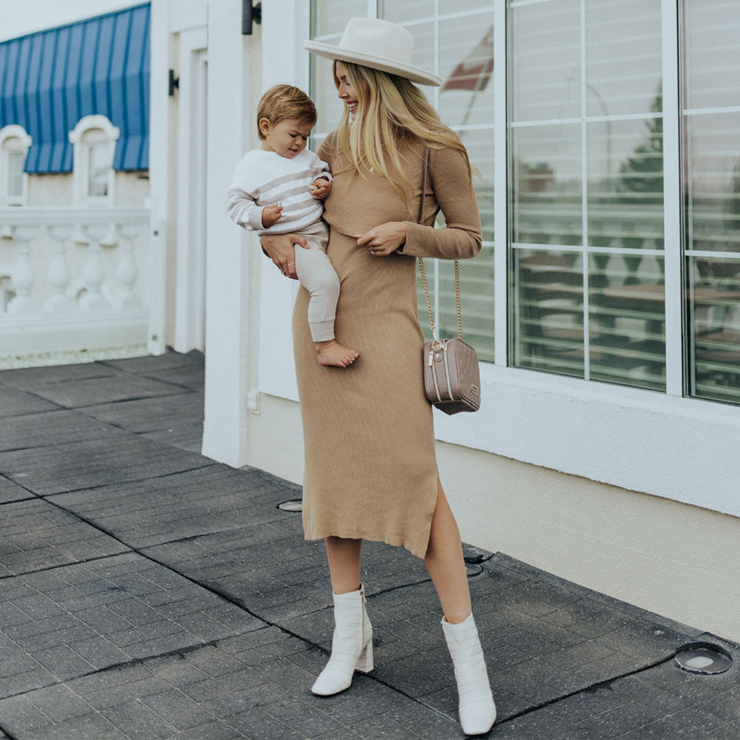 2-in-1 Nursing & Maternity Knit Midi Dress | Camel-Bottoms & Dresses-Kindred Bravely