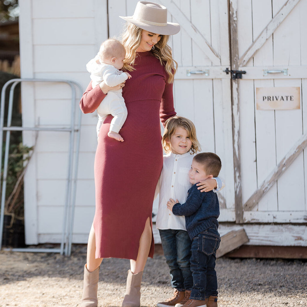 2-in-1 Nursing & Maternity Knit Midi Dress | Maroon-Bottoms & Dresses-Kindred Bravely