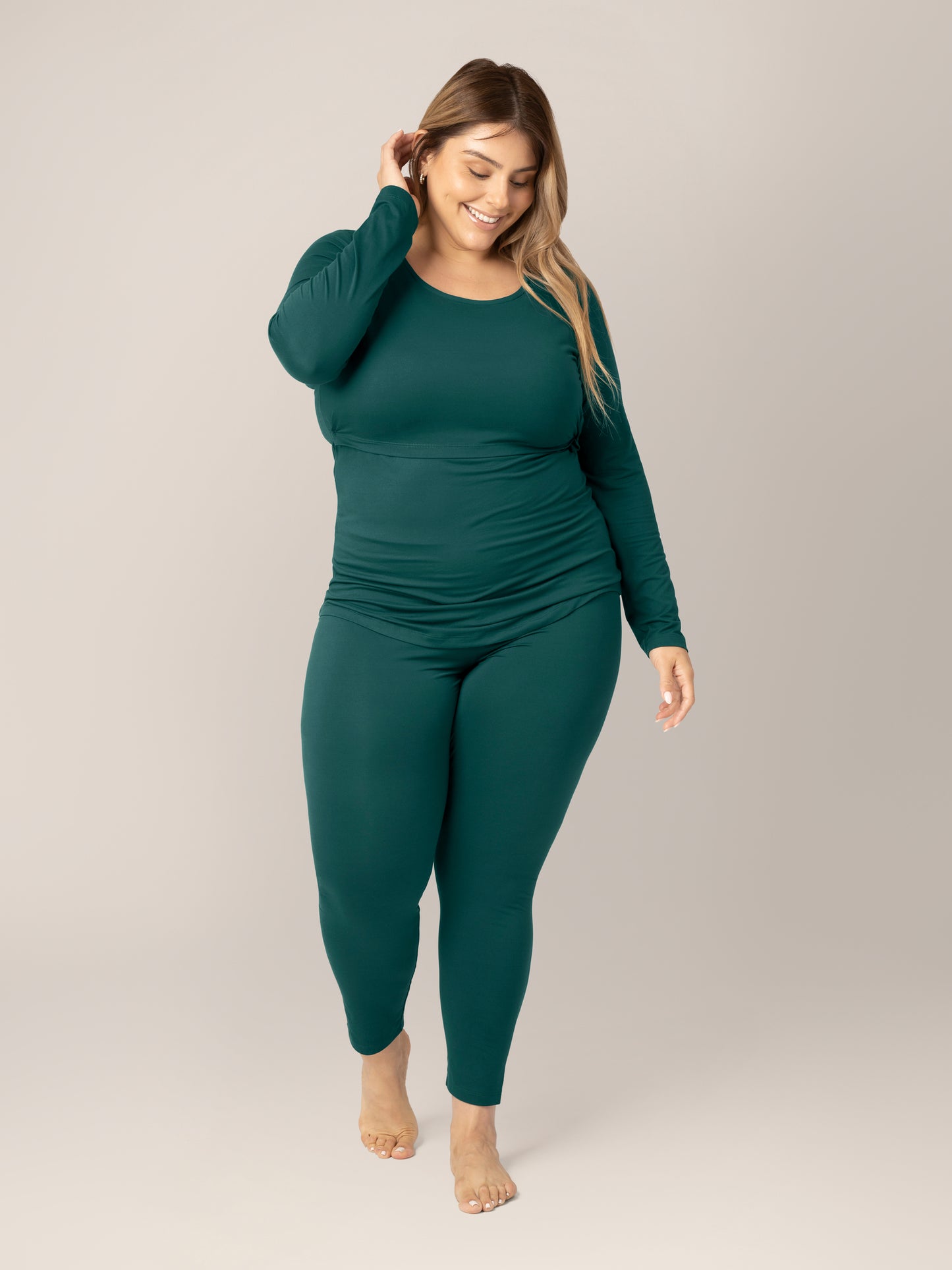 Front view of model wearing the Jane Nursing Pajama Set in Evergreen @model_info:Vanessa is 5'8" and wearing an X-Large.
