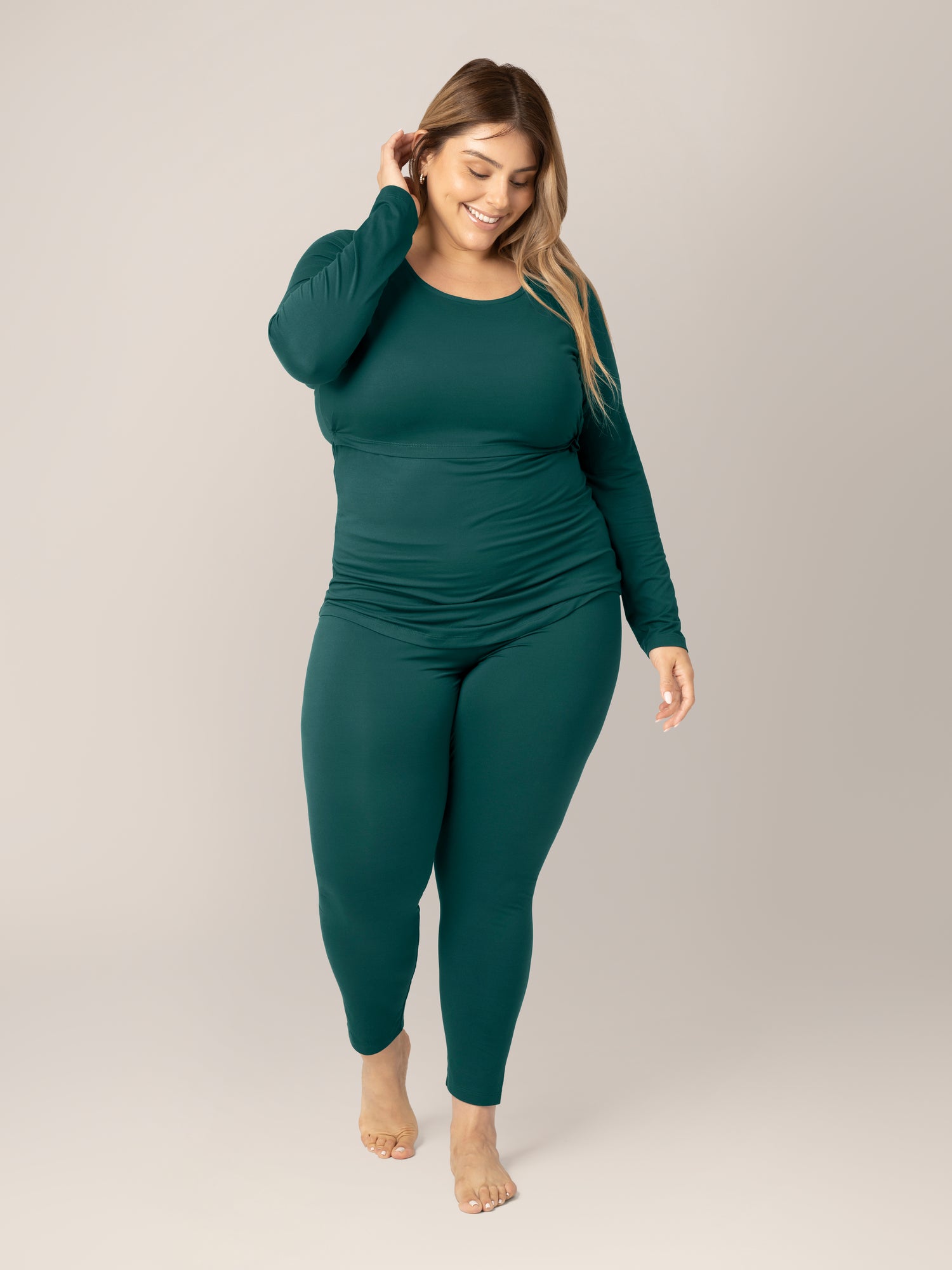 Front view of model wearing the Jane Nursing Pajama Set in Evergreen @model_info:Vanessa is 5'8" and wearing an X-Large.