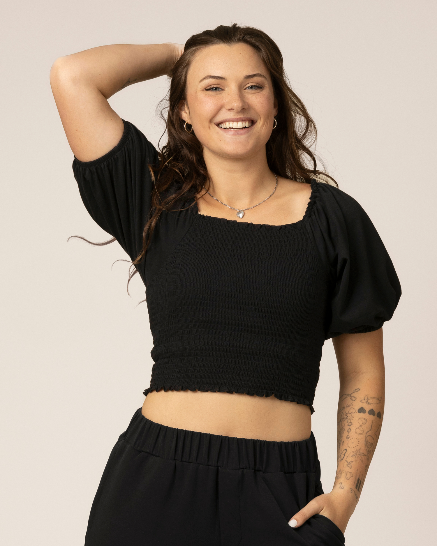 Sophia Smocked Cropped Nursing Top | Black - Kindred Bravely