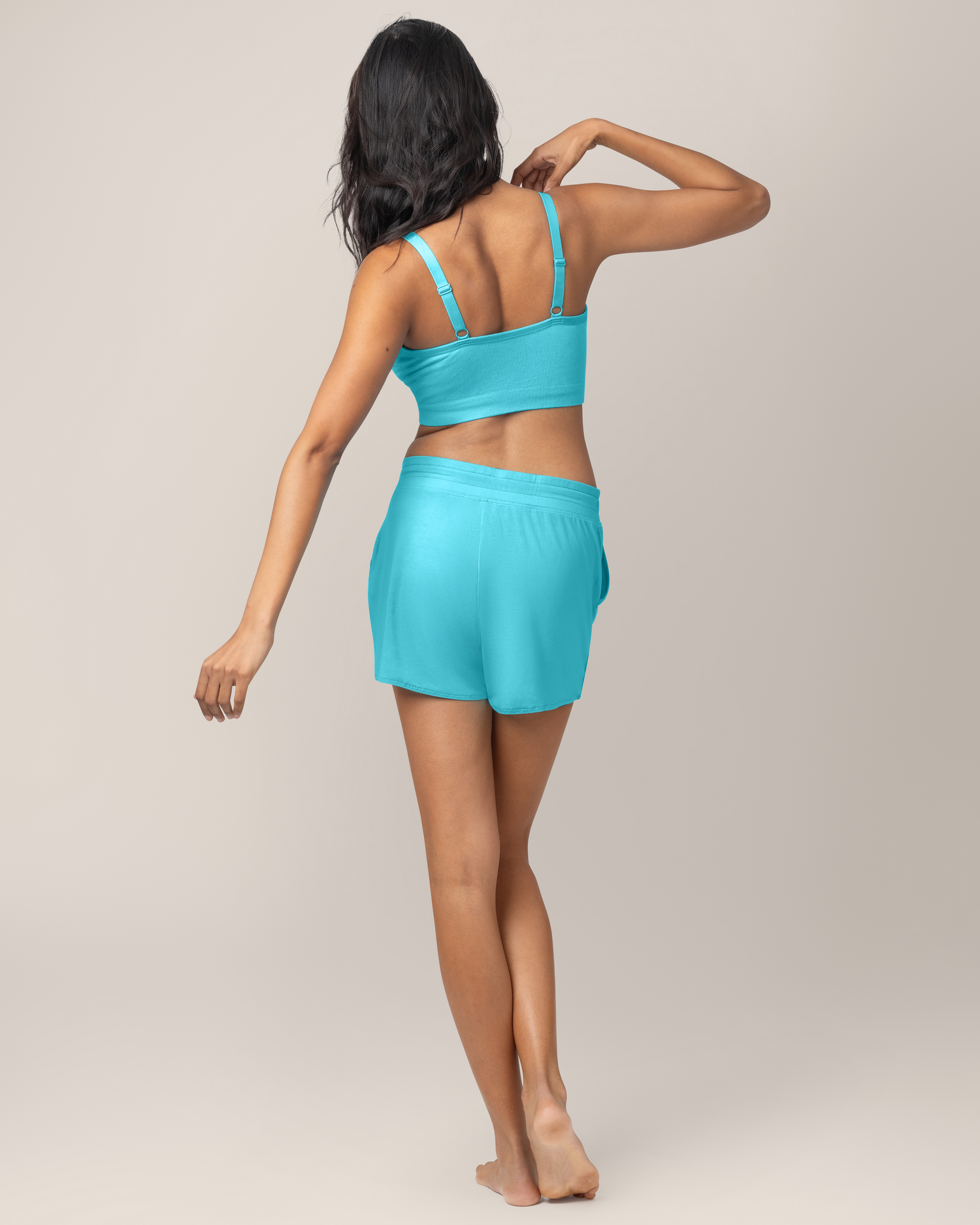 Back view of model wearing Bamboo Maternity & Postpartum Lounge Short in Aquamarine with matching Bamboo Lounge Around Nursing Tank  