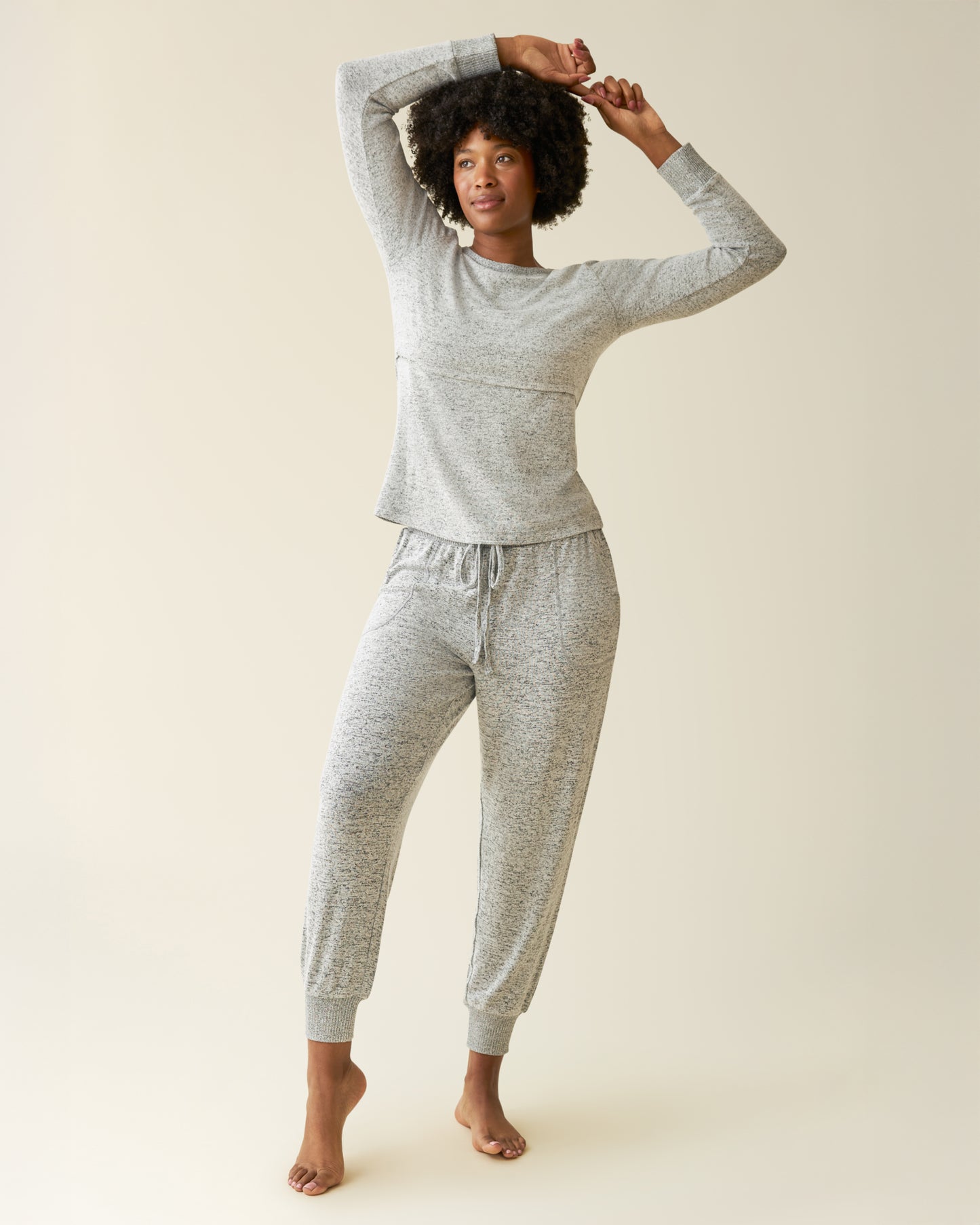 Front view of model wearing CozyKnit Nursing Pajama & Lounge Set in Grey Heather@model_info:Kyra is wearing a Small.