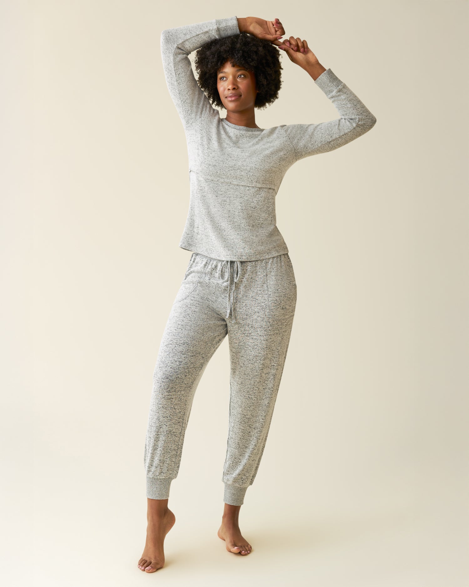 Front view of model wearing CozyKnit Nursing Pajama & Lounge Set in Grey Heather@model_info:Kyra is wearing a Small.