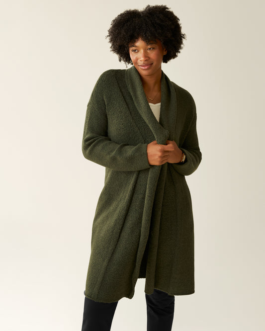 Woman wearing the Chloe Cardigan Sweater in Thyme@model_info:Kyra is 5'9" and wearing an XS/S.