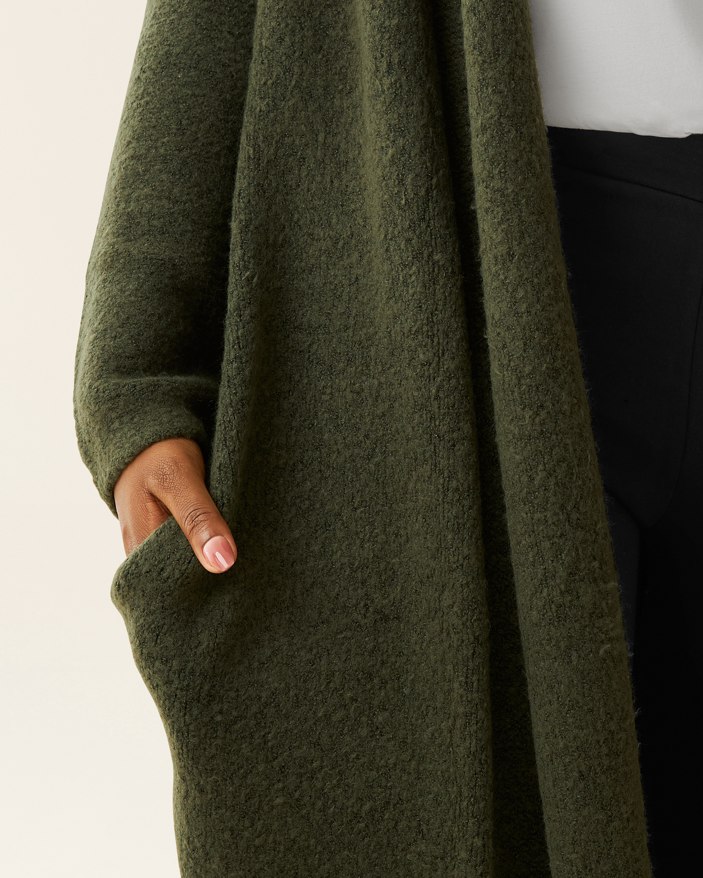 Pocket and fabric detail image on the Chloe Cardigan Sweater in Ecru 