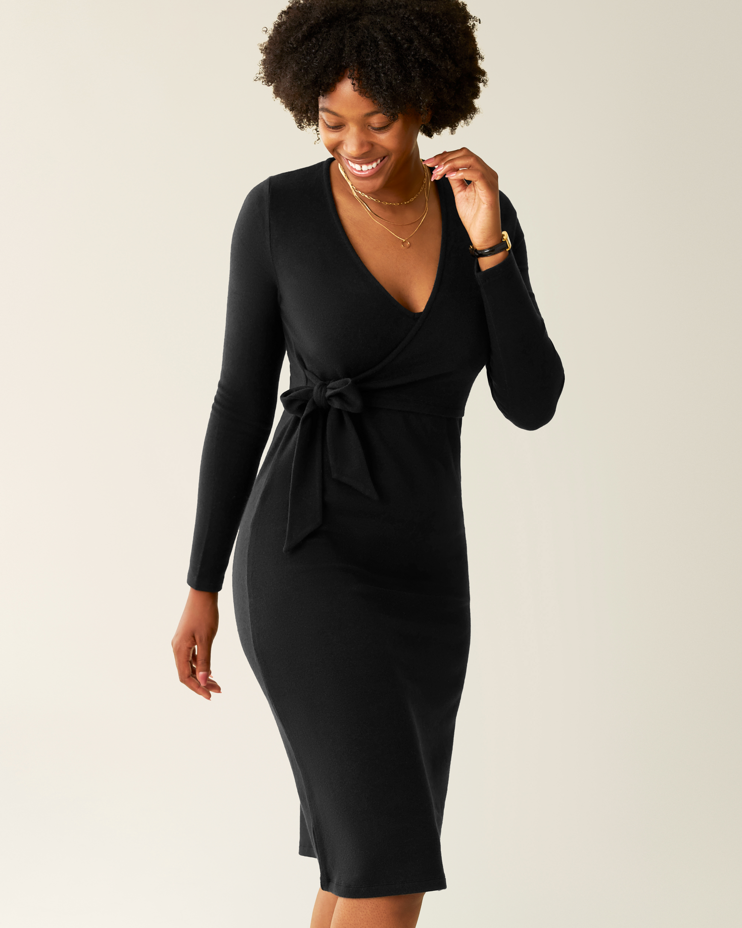 Model wearing Kate Nursing Wrap Sweater Dress in Black