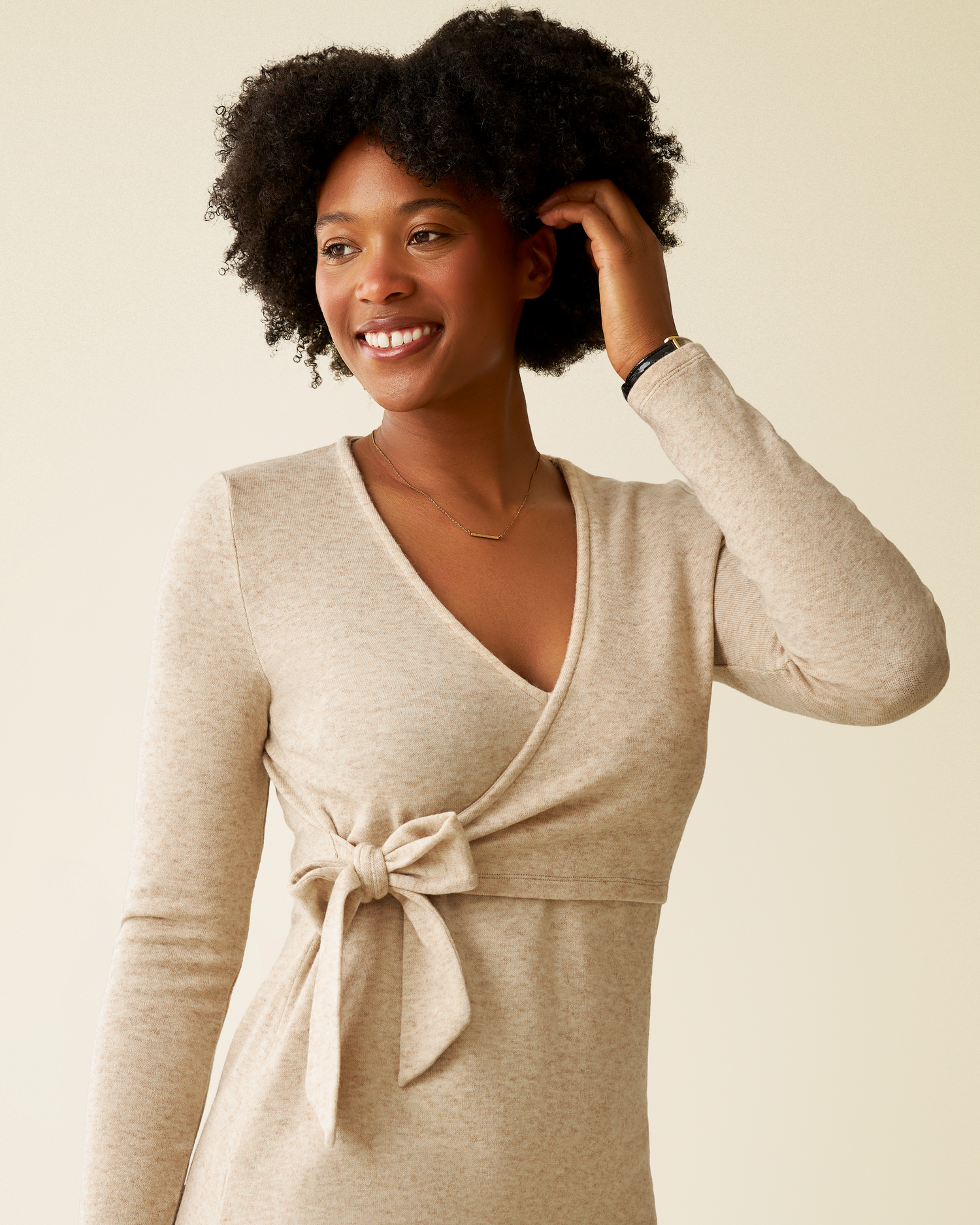 Model wearing Kate Nursing Wrap Sweater Dress in Oat 