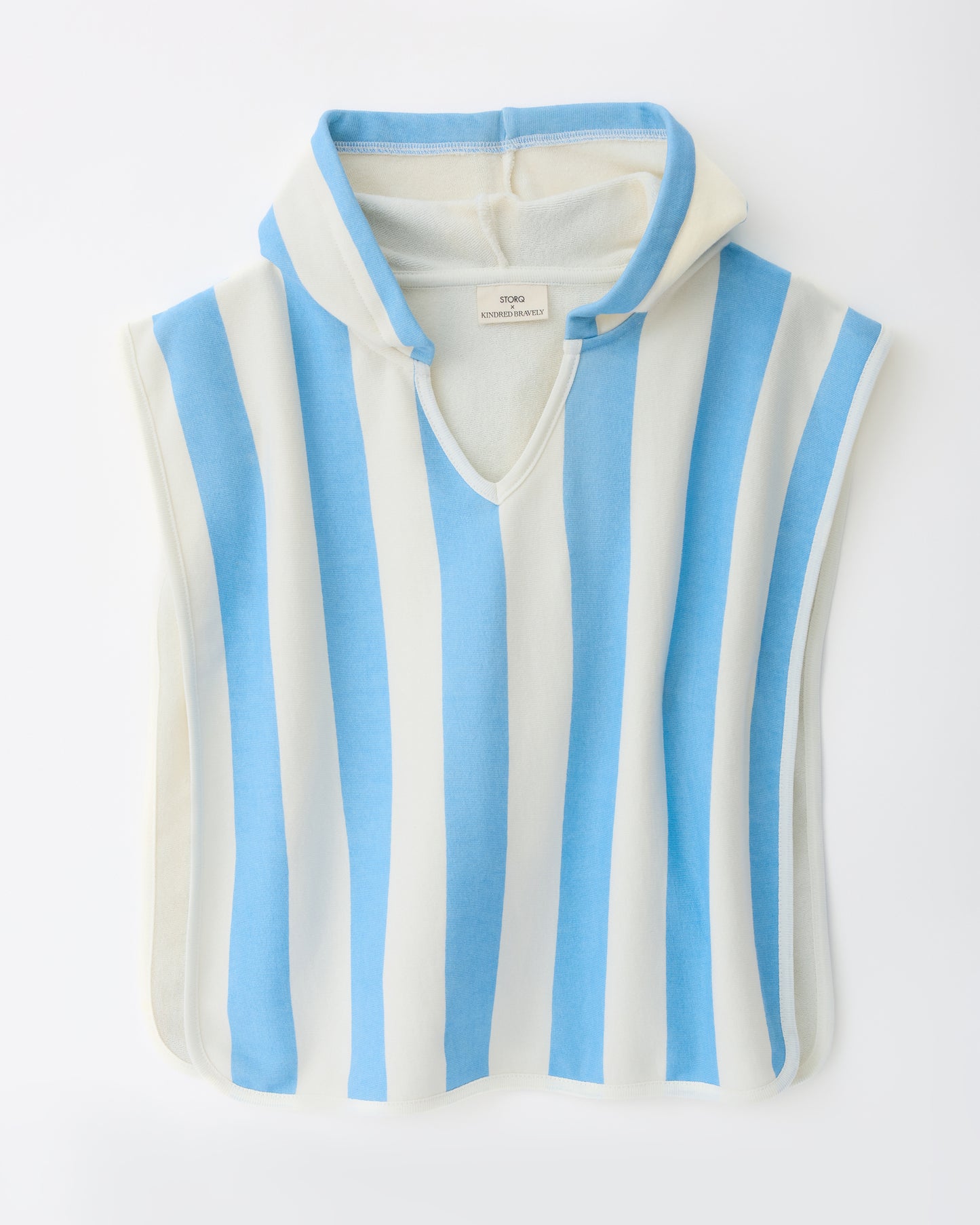 Toddler Poncho Towel in Blue Wide Stripe on a beige background