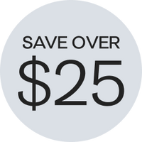 Savings badge white circle with black text stating, save over $25