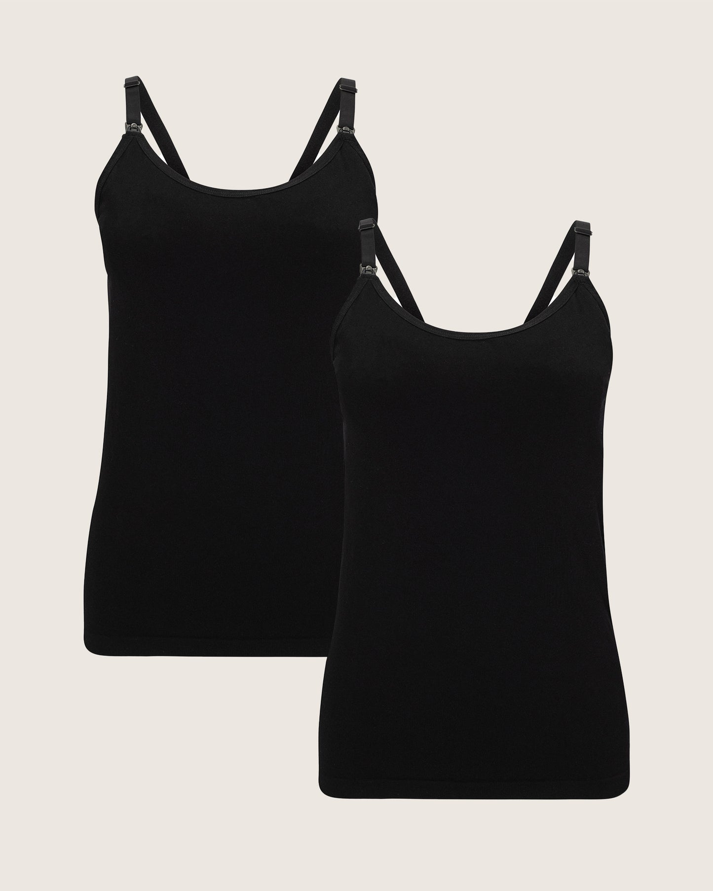 Two black camisoles on a light gray background