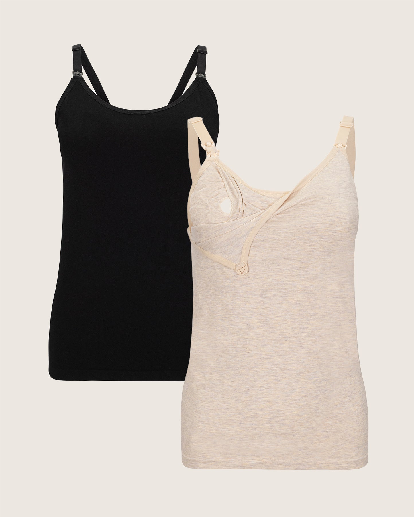 Black and beige tank tops on a light gray background