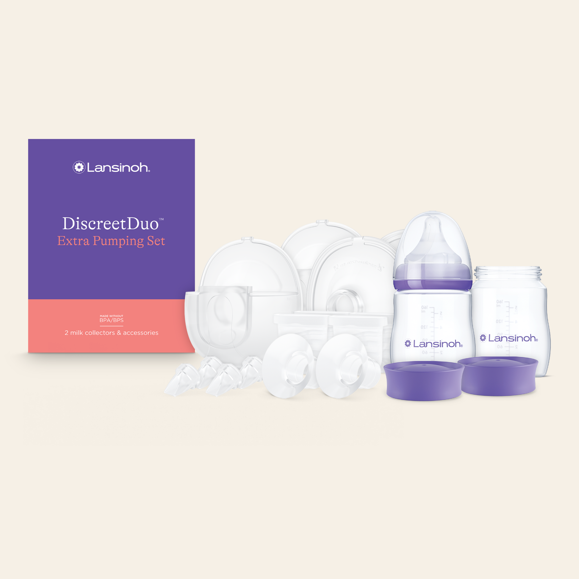Lansinoh DiscreetDuo Extra Pumping Set, including two milk collectors & accessories, two bottles with feeding and storage lids, on a beige background.