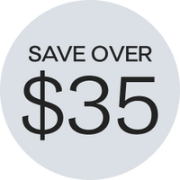 Savings badge white circle with black text stating, save over $35