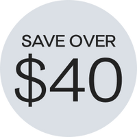 Savings badge white circle with black text stating, save over $40