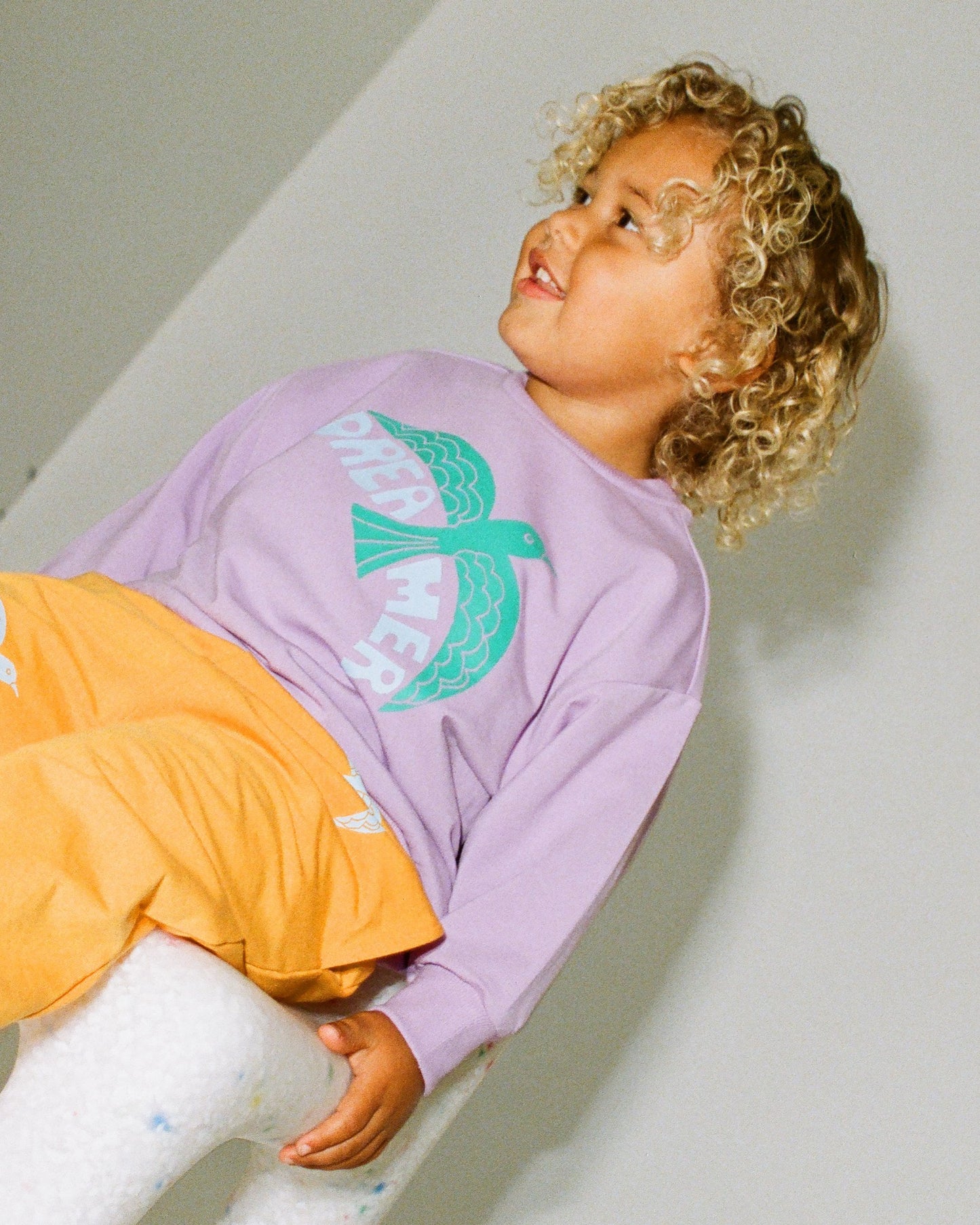 Model is wearing Graphic Sweatshirt in Purple Bird and French Terry Jogger in Orange Bird while sitting in chair on a gray wall background.@model_info:Waylon is 3 years old and wearing 3T.