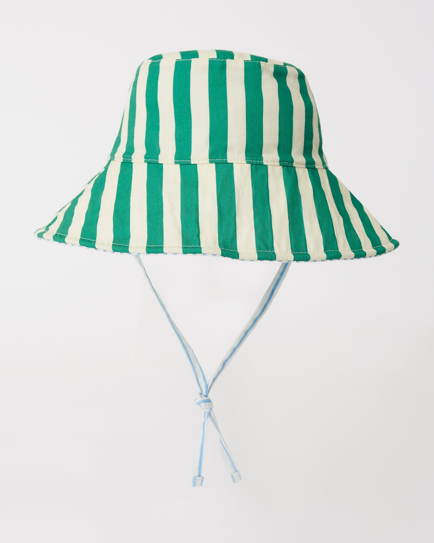 Reverse view of Toddler Sun Hat in Blue Pinstripe on a beige background