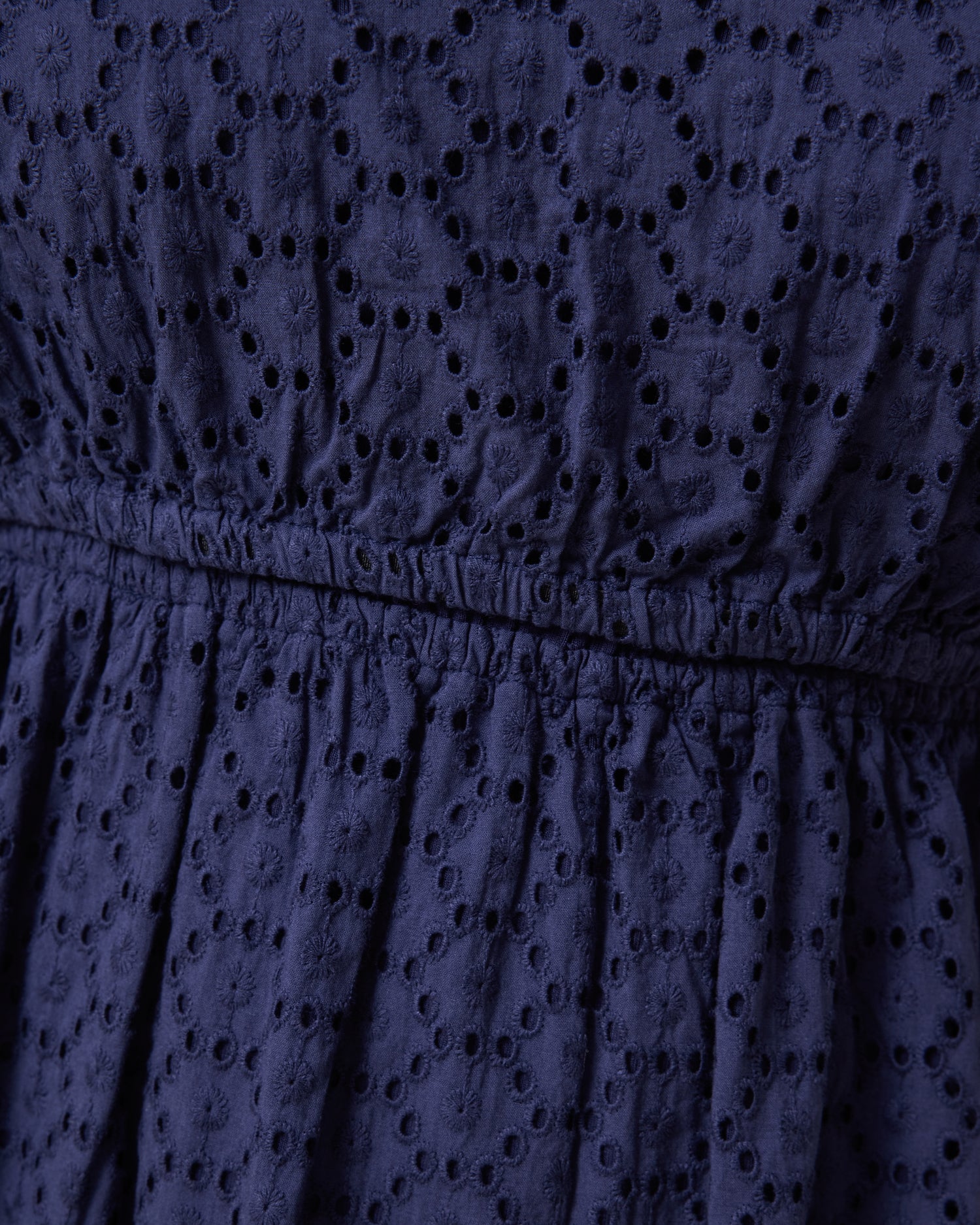 Close-up of a navy blue dress with eyelet detailing