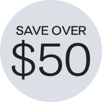 Savings badge white circle with black text stating, save over $50