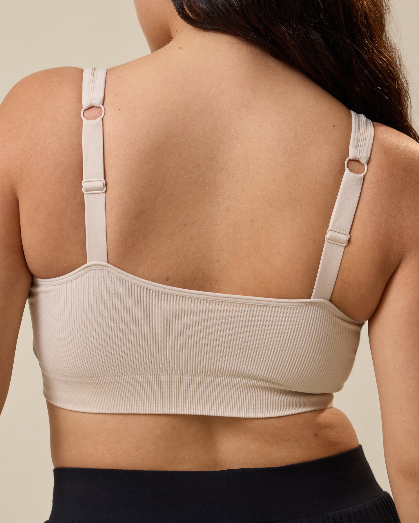 Back of the Mia Maternity & Nursing Lounge Bra in Stone on a person.