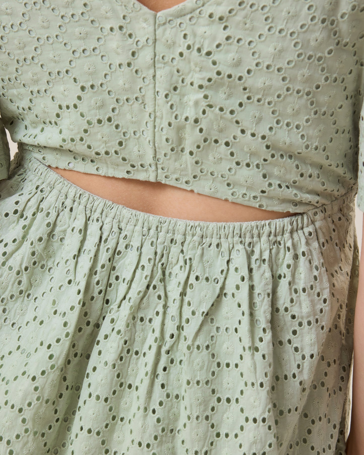 Close-up of back of the Dahlia Eyelet Maternity & Nursing Dress in aqua mist showing cut-out design.