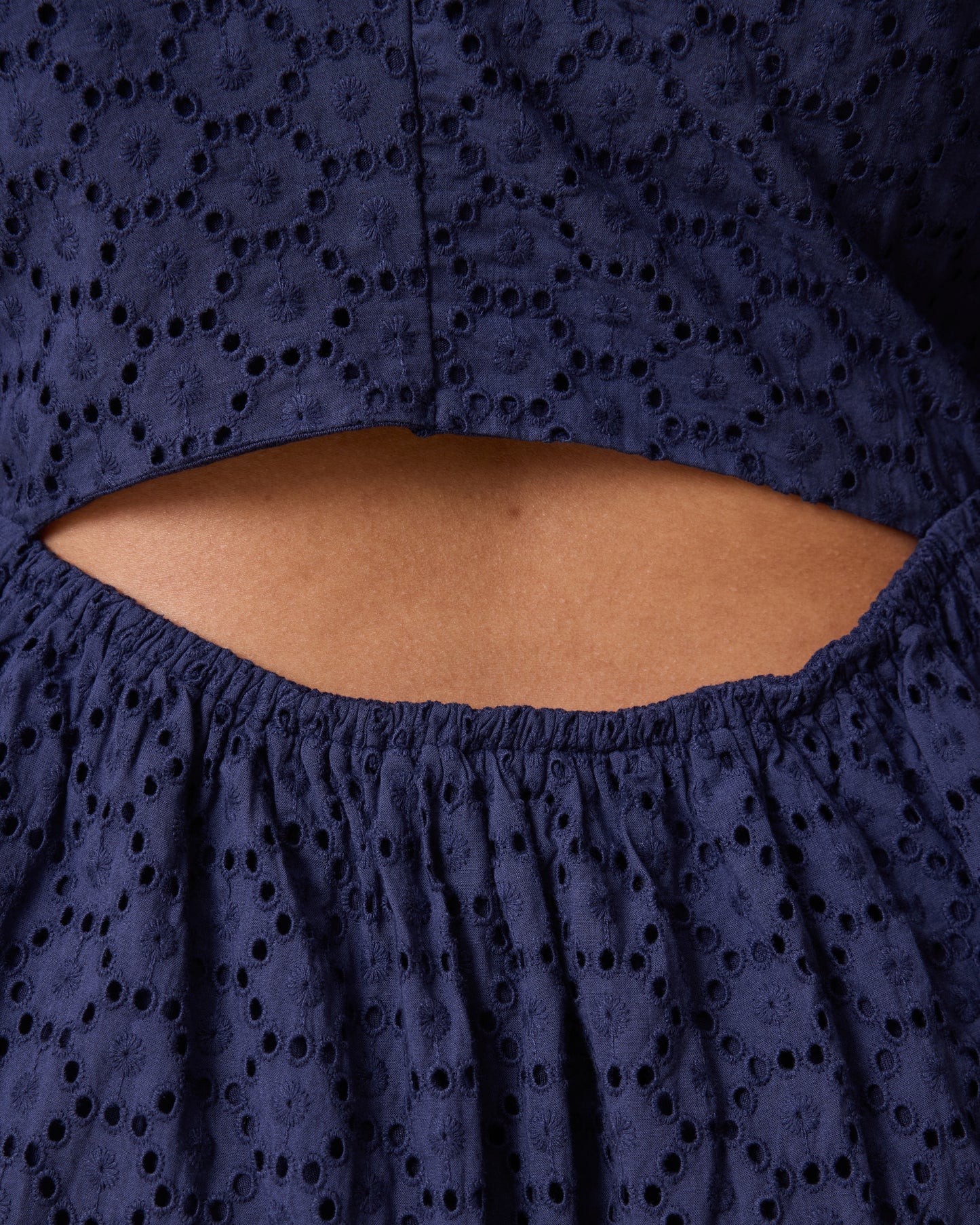 Dahlia Eyelet Maternity & Nursing Dress in Navy with cut-out design on a plain background