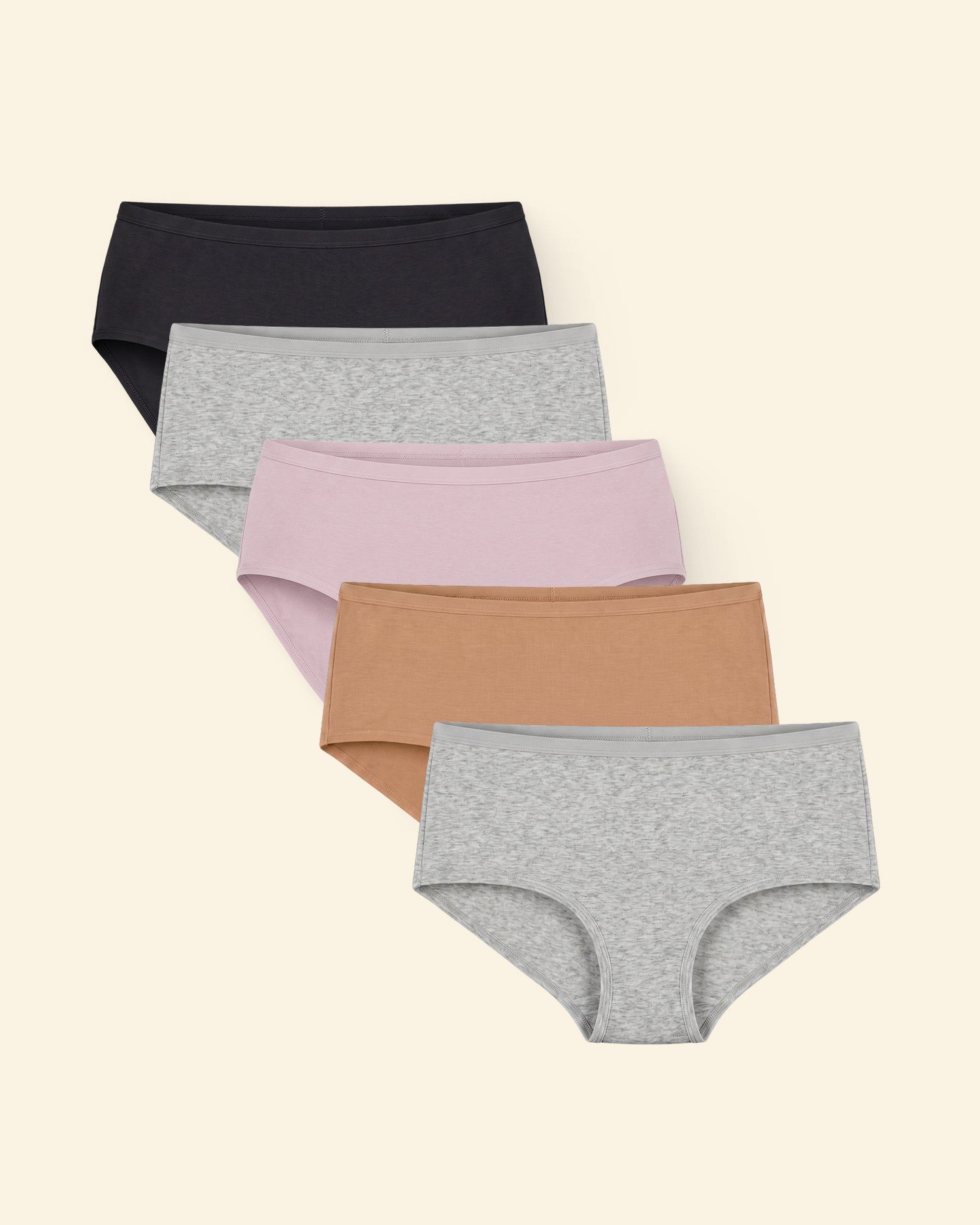 5-for-$39 Build Your Own Underwear Bundle including SoftStretch Cotton Brief, SoftStretch Cotton Hipster, SoftStretch Cotton Thong, Bamboo Hipster, Bamboo Thong, on a beige background.