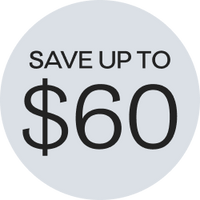 Savings badge white circle with black text stating, save up to $60