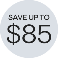 Savings badge white circle with black text stating, save up to $85