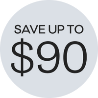 Savings badge white circle with black text stating, save up to $90