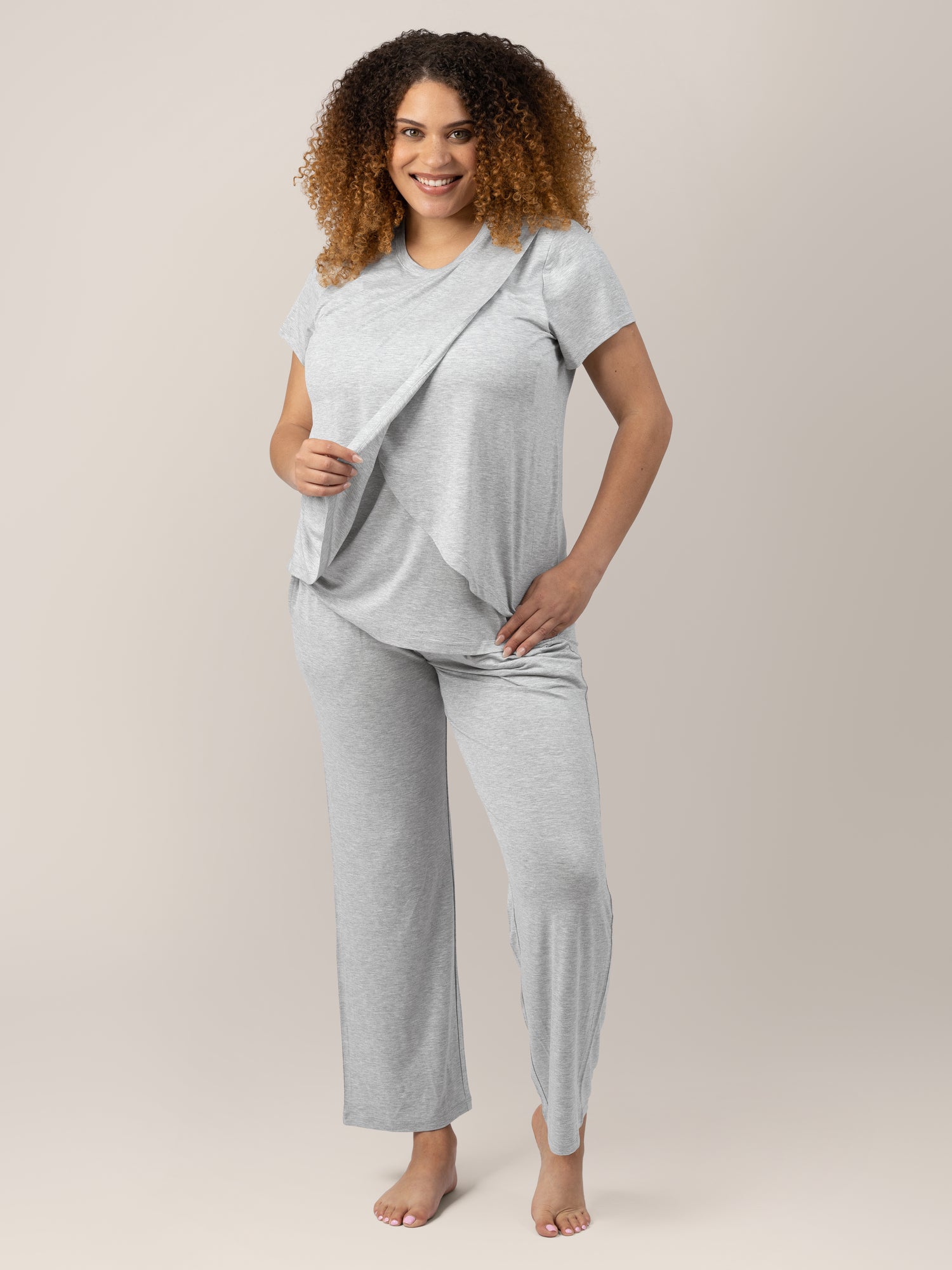 Model wearing the Tulip Hem Maternity and Nursing Pajama Set.  @model_info: Micah is wearing a Large.