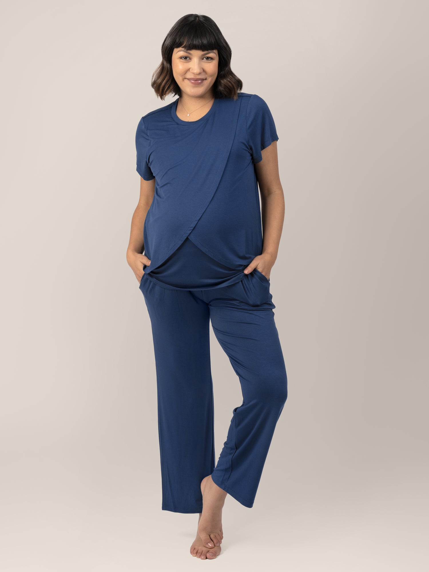 Tulip Hem Short Sleeve Maternity Nursing Pajama Set Navy