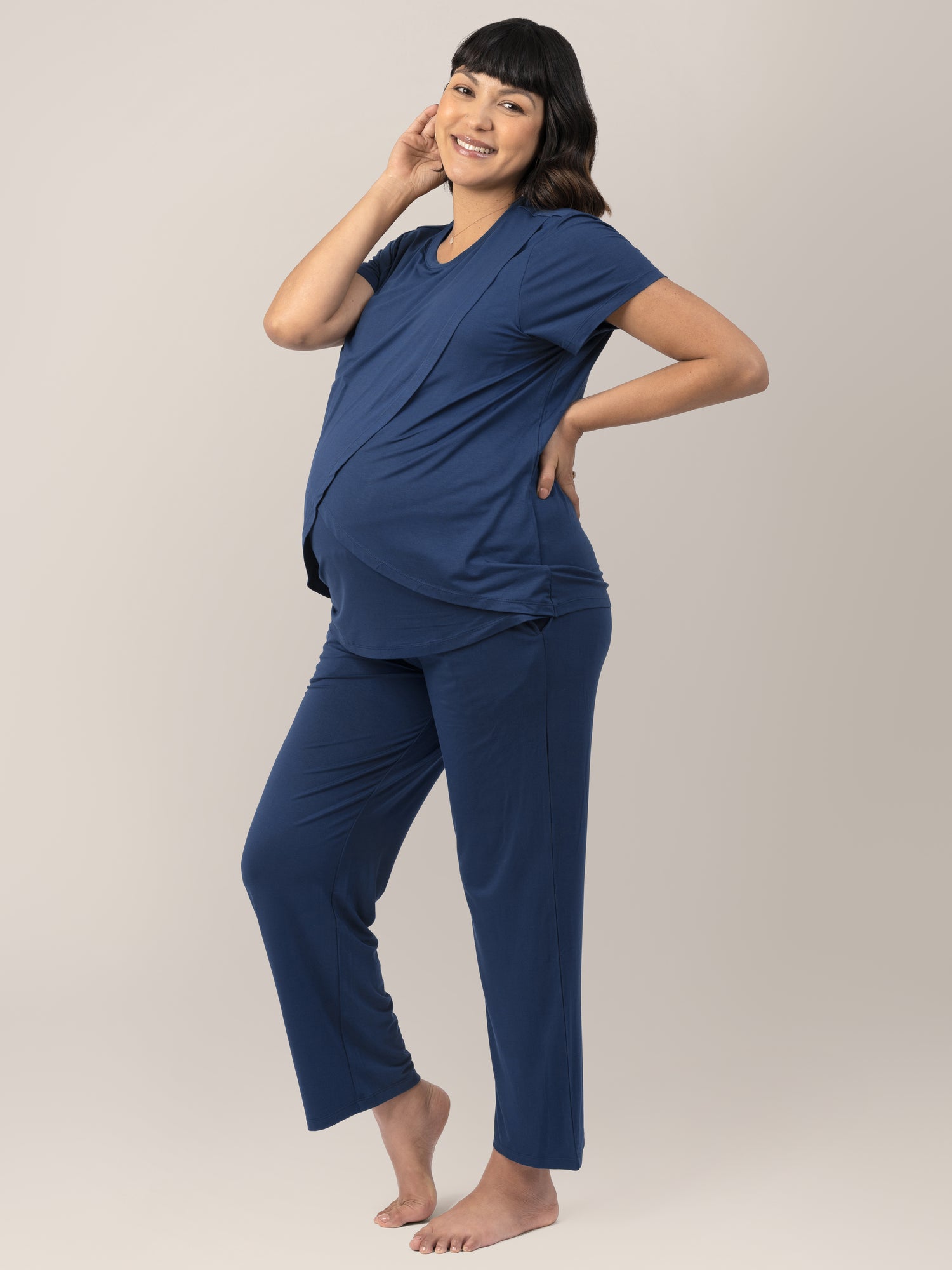 Tulip Hem Short Sleeve Maternity Nursing Pajama Set Navy