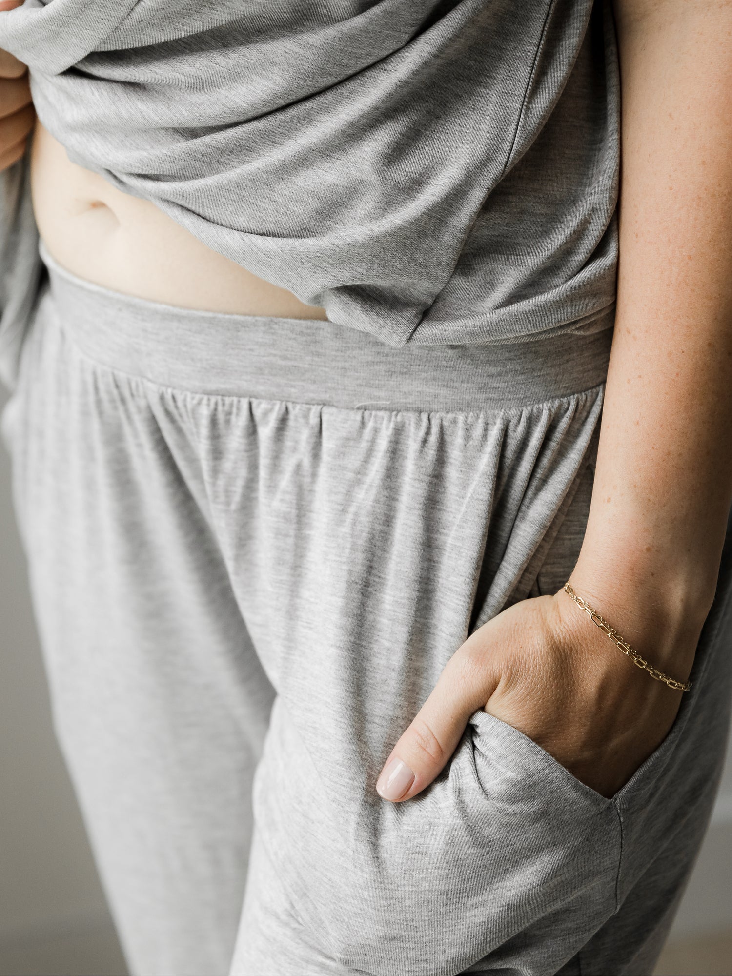 Close up of Maternity Pajama Set waistband and pocket detail in Heather Gray.