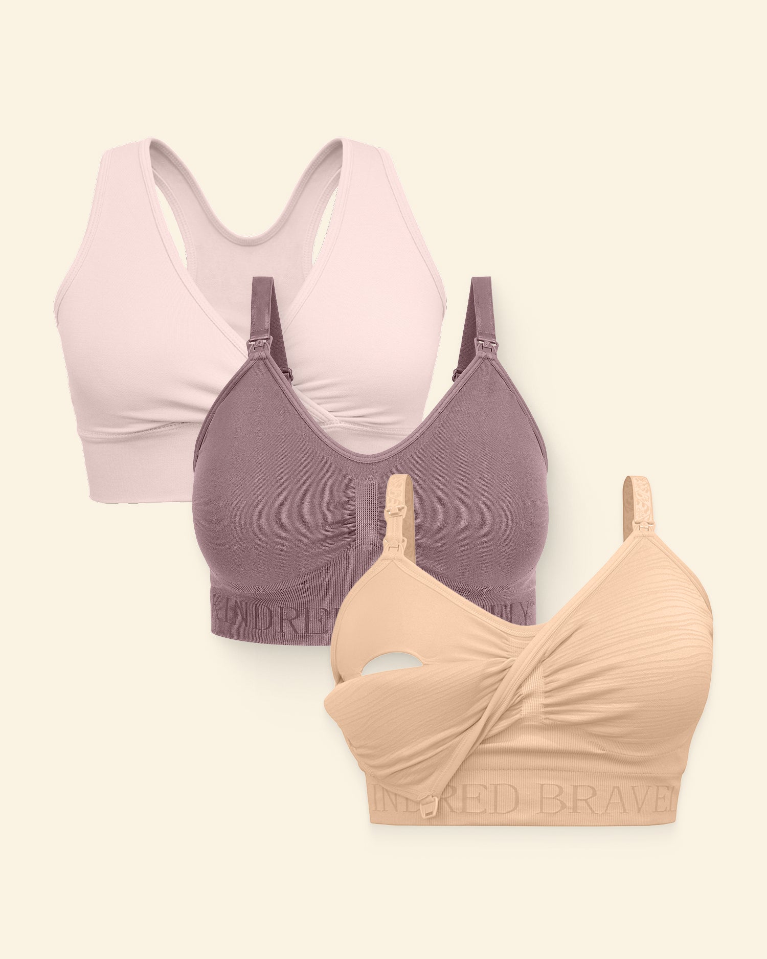 Image showing three bras: Sublime® Hands-Free Pumping & Nursing Bra in beige showing pumping access, Simply Sublime Nursing bra in Twilight, and French Terry Racerback Nursing Bra in soft pink