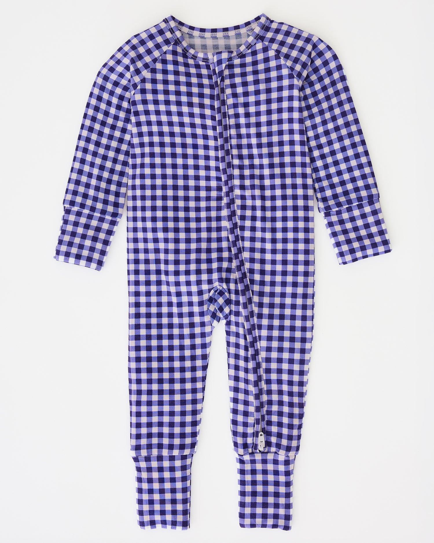 Bamboo Baby Pajama in Blue Gingham on a beige background